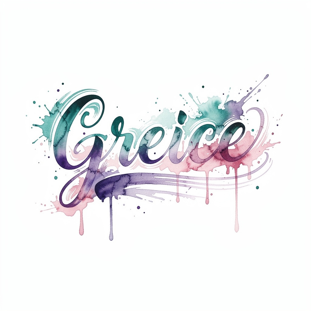 Watercolor tattoo design of the name Greice on a white background.