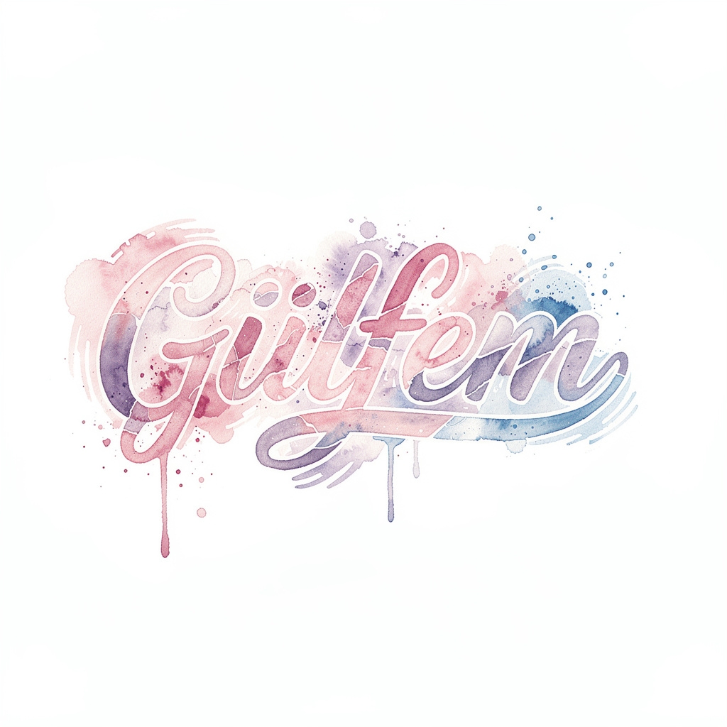 Watercolor tattoo design of the name Gülfem on a white background.