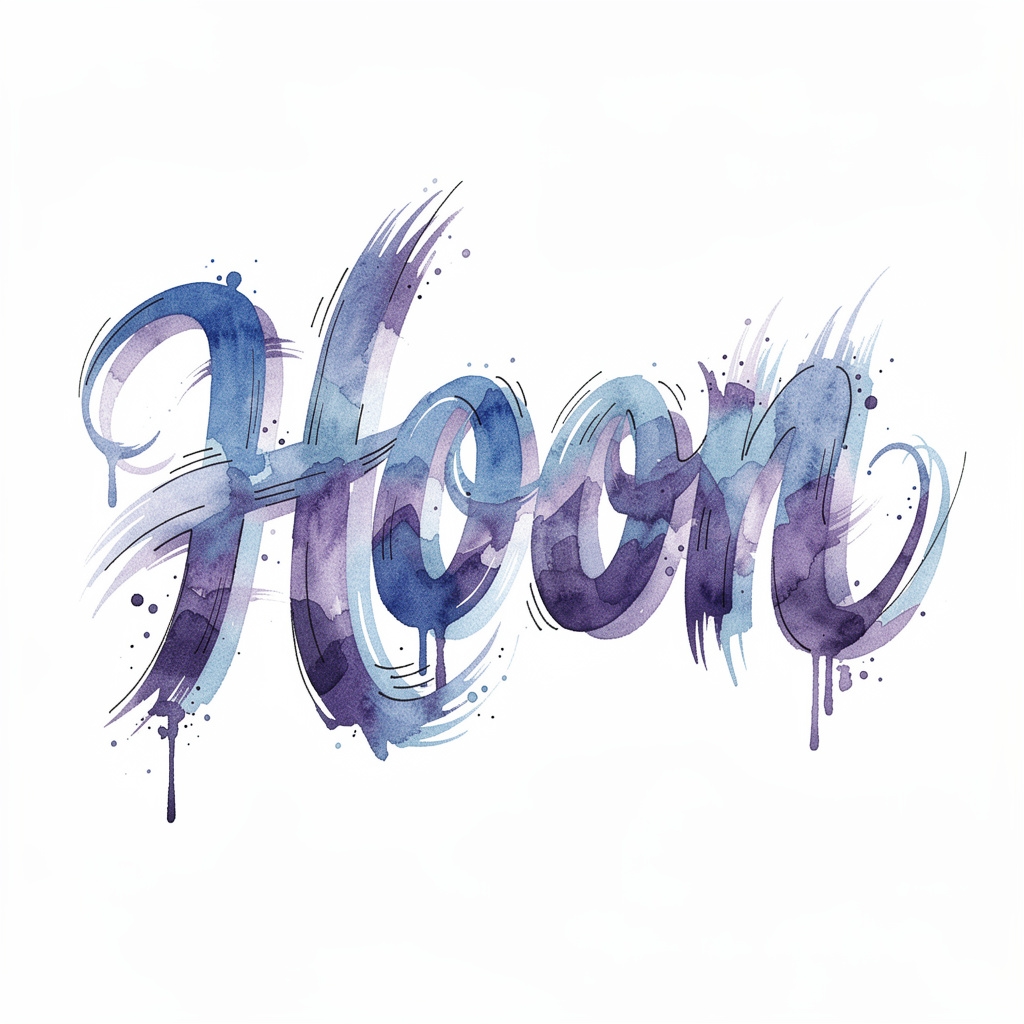 Watercolor tattoo design featuring the name Hoon in flowing paint strokes on a white background.