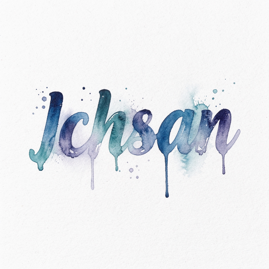 Watercolor tattoo-style design of the name Ichsan on a white background.