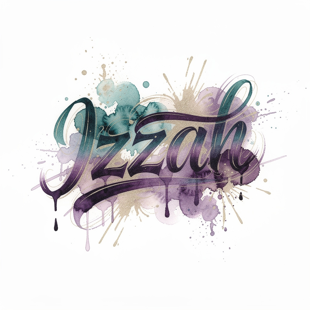 Watercolor tattoo-style artwork of the name Izzah with colorful paint splashes on white background.