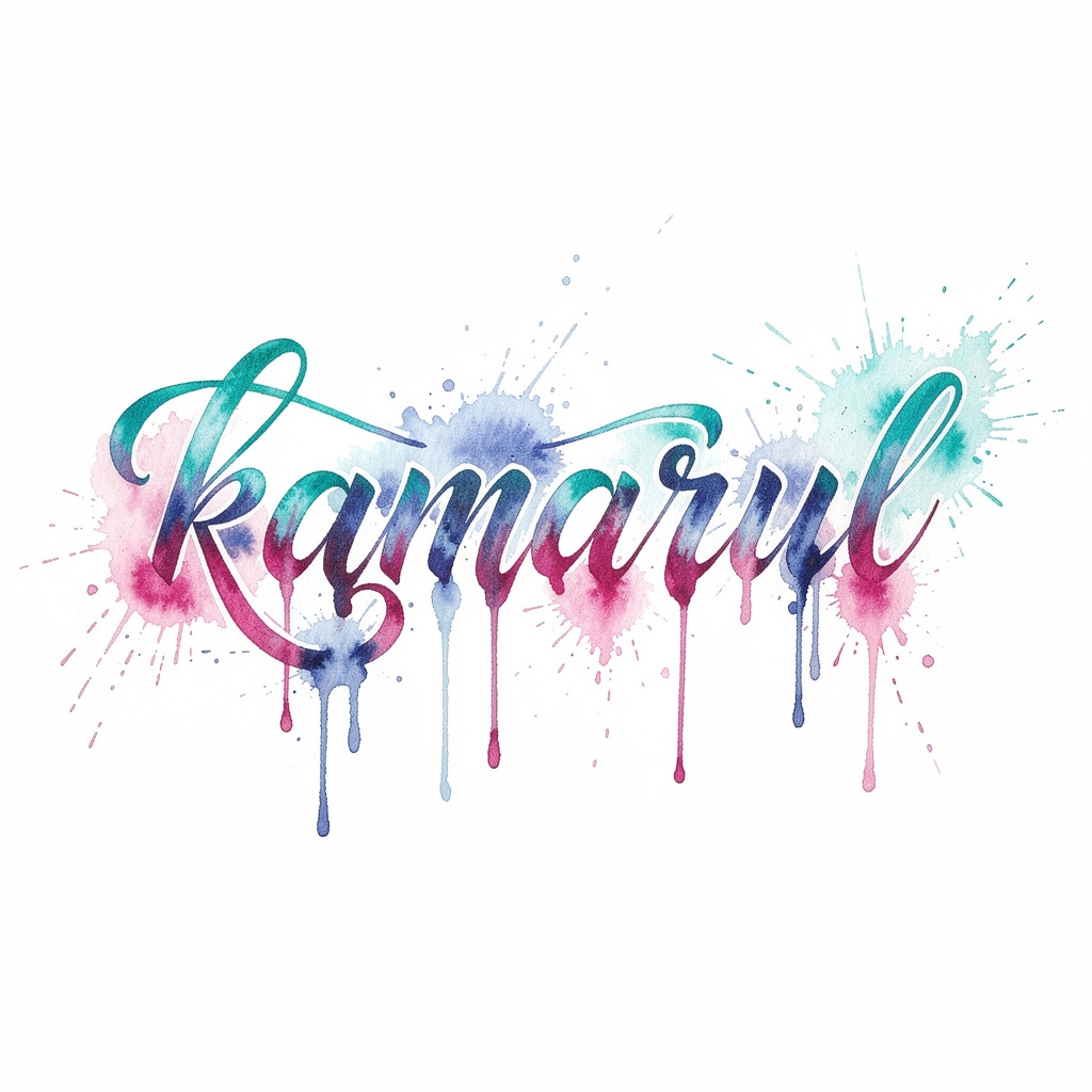 Watercolor tattoo-style design of the name Kamarul on a white background.