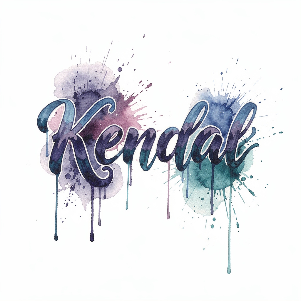Watercolor tattoo-style design of the name Kendal on a white background.