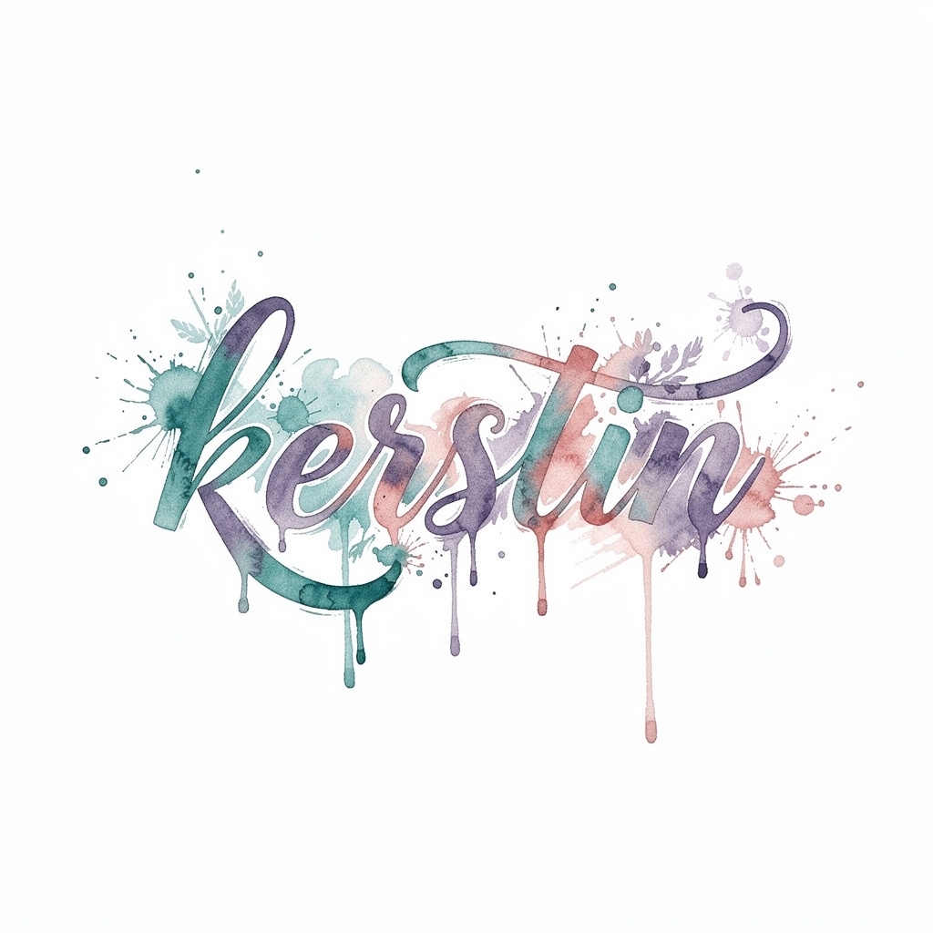 Watercolor-style tattoo design featuring the name Kerstin in painterly lettering on a white background.