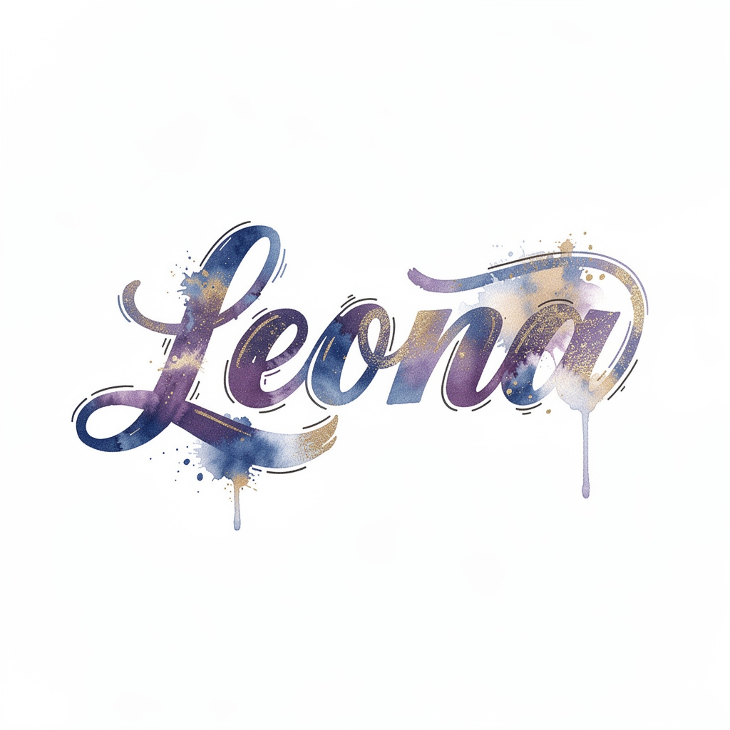 Watercolor tattoo design of the name Leona in flowing brushstroke lettering on a white background.