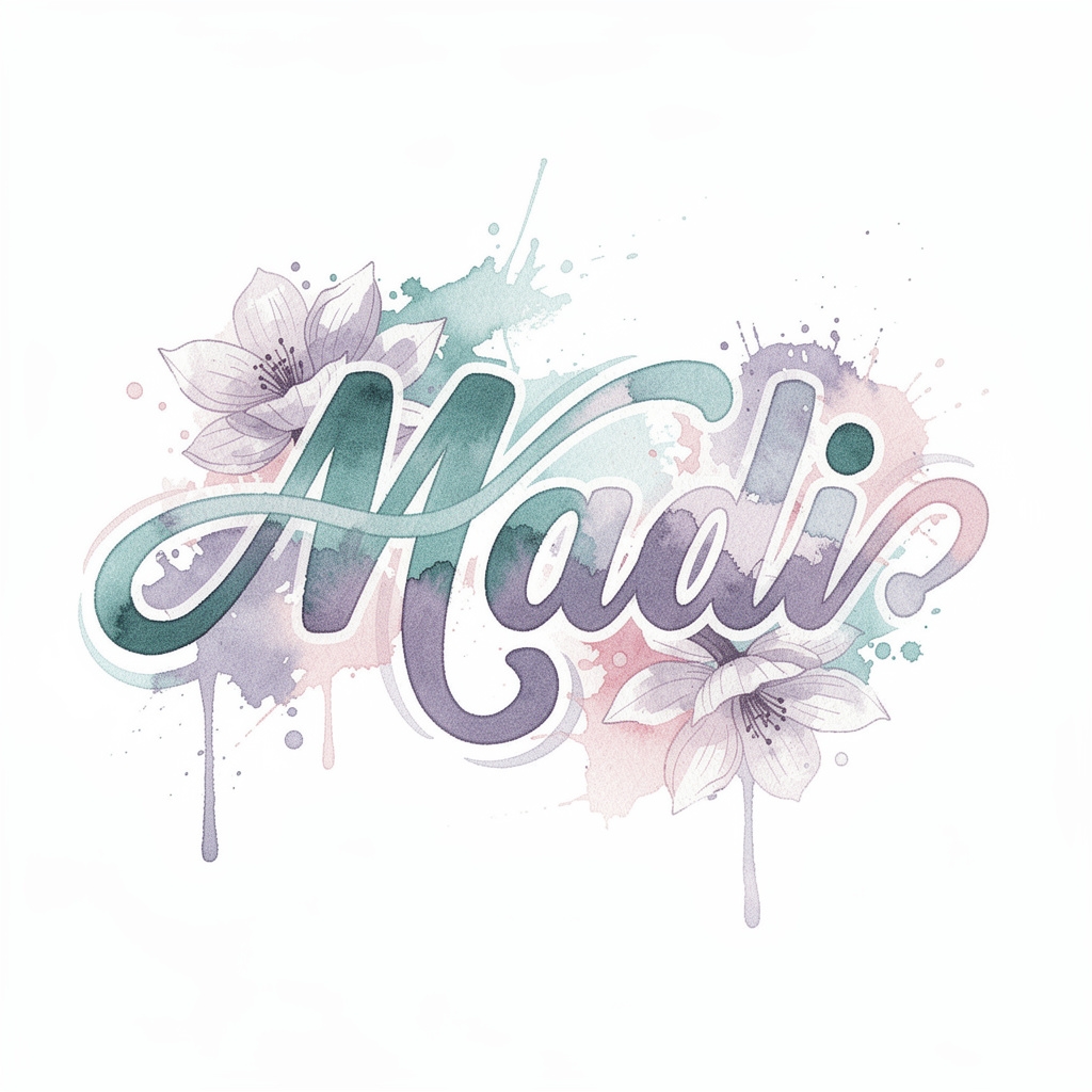 Watercolor tattoo design of the name Madi on a white background