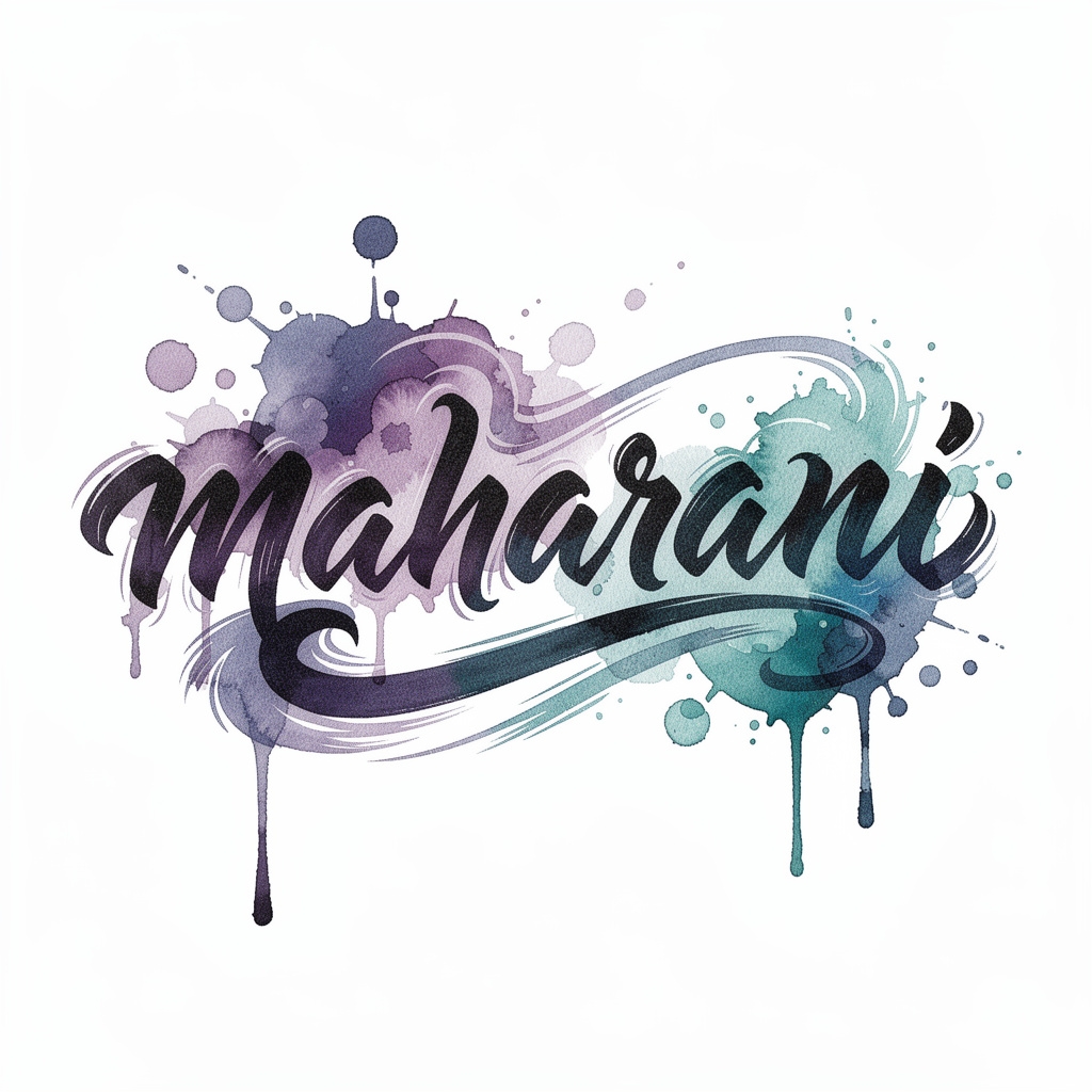Watercolor-style Maharani name tattoo with flowing paint-like lettering on a white background.