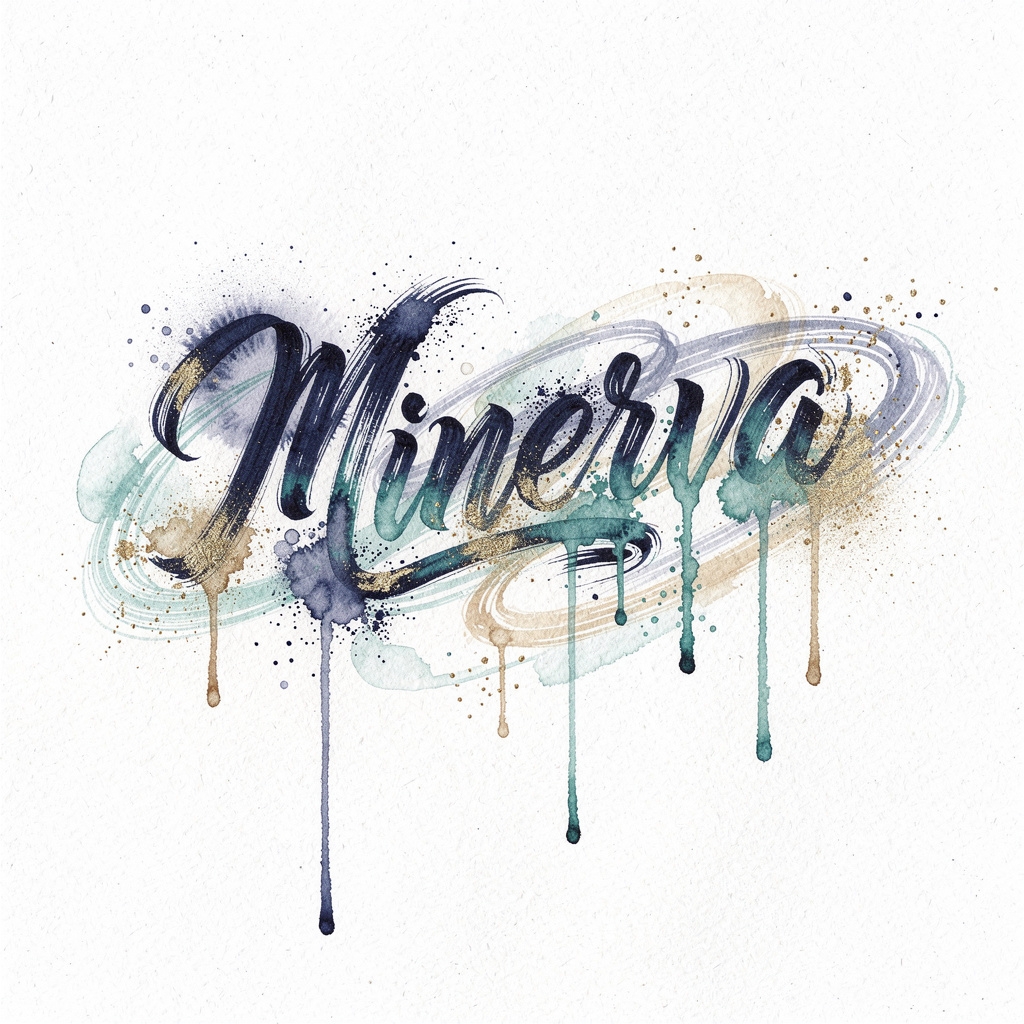 Watercolor tattoo design of the name Minerva on a white background.