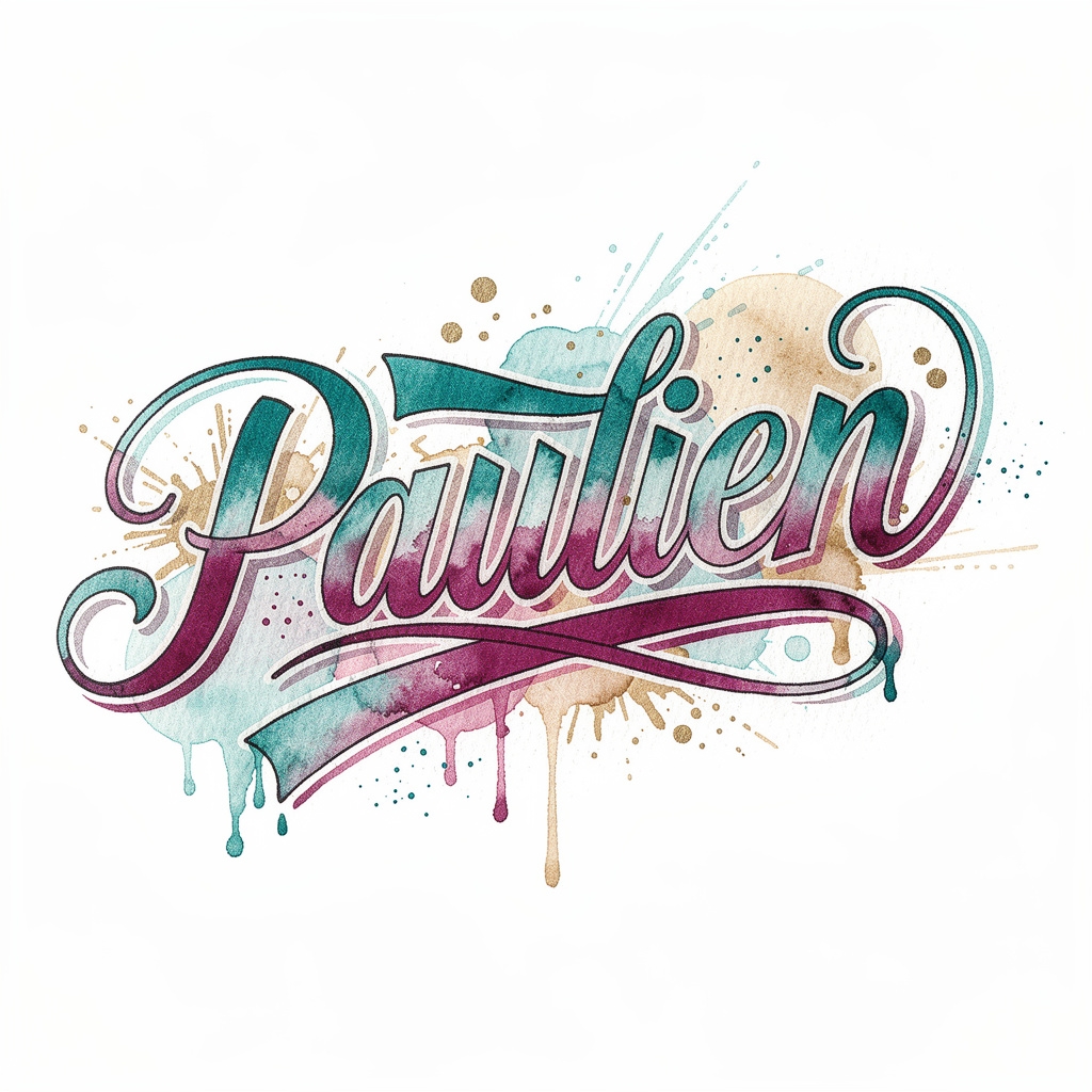 Watercolor tattoo flash of the name Paulien in fluid colorful calligraphy on white background
