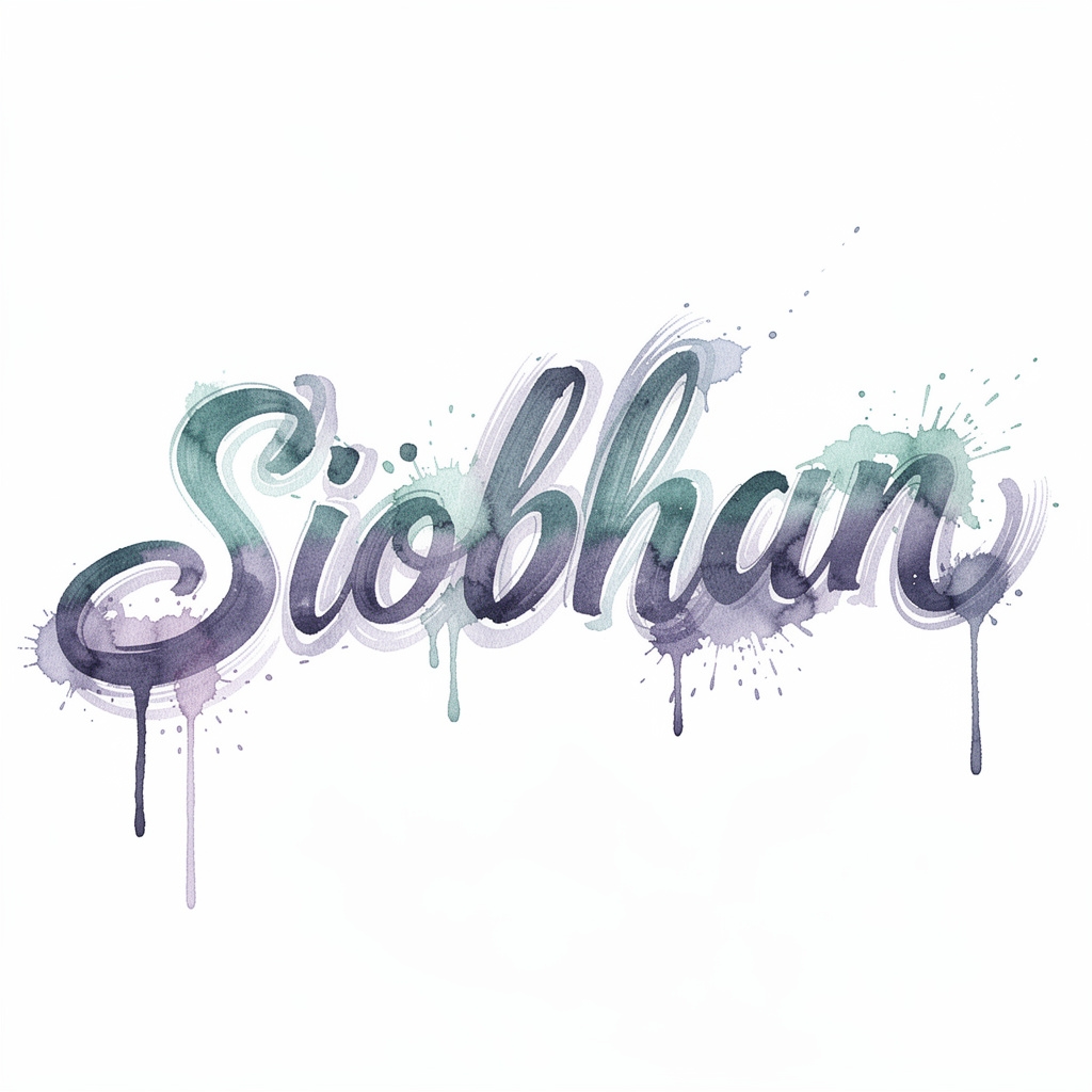 Watercolor tattoo artwork featuring the name Siobhan in fluid, colorful lettering on a white background.