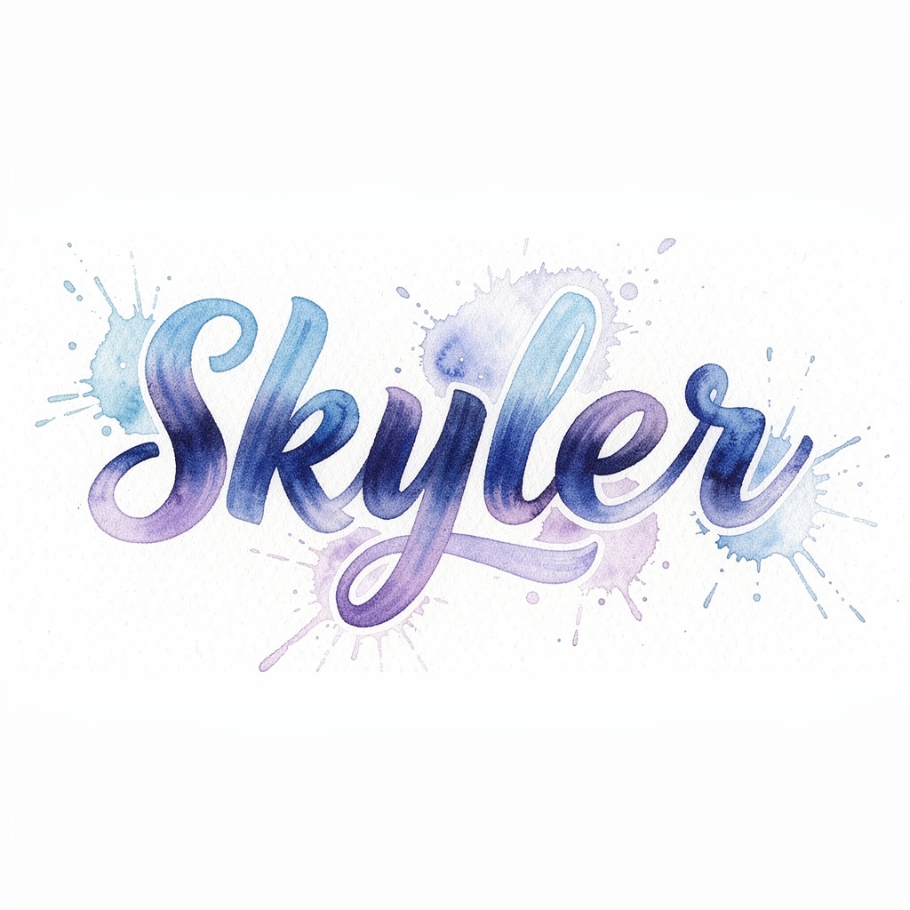 Watercolor tattoo design of the name Skyler in flowing brushstroke lettering on a white background.