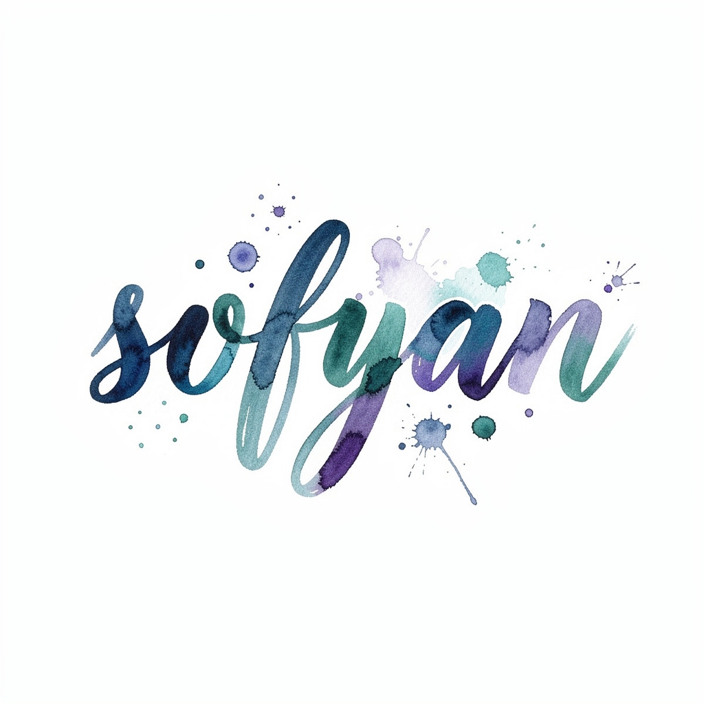 Watercolor tattoo design of the name Sofyan in fluid brushstroke lettering on a white background.