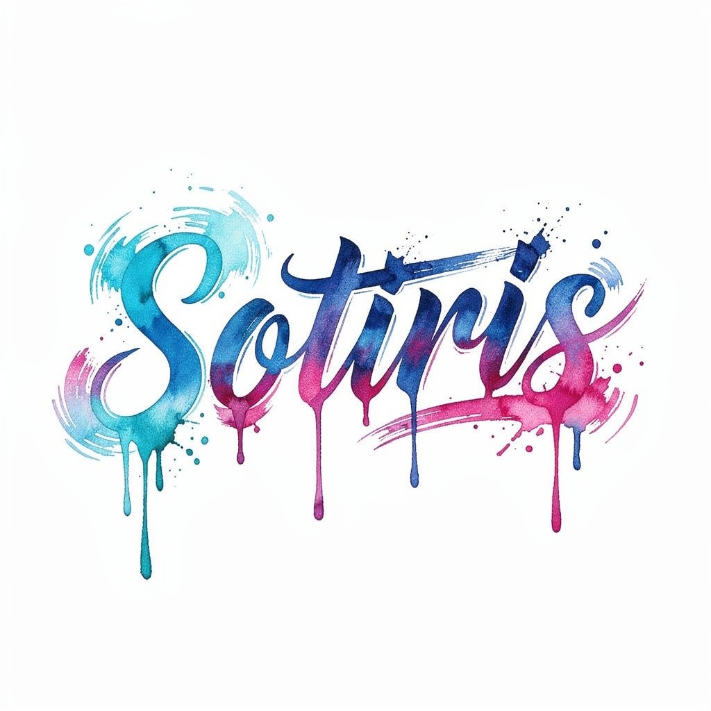 Watercolor tattoo design of the name Sotiris on a white background.