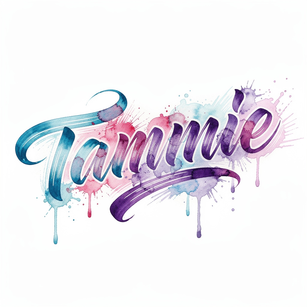Watercolor tattoo design featuring the name Tammie in fluid, colorful brushstroke lettering on a white background.
