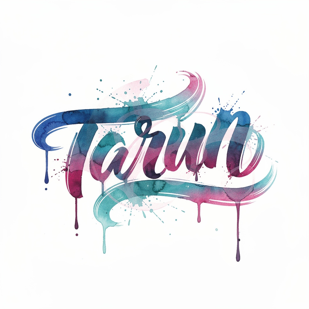 Watercolor tattoo artwork integrating the name Tarun in flowing brushstroke lettering on white background.