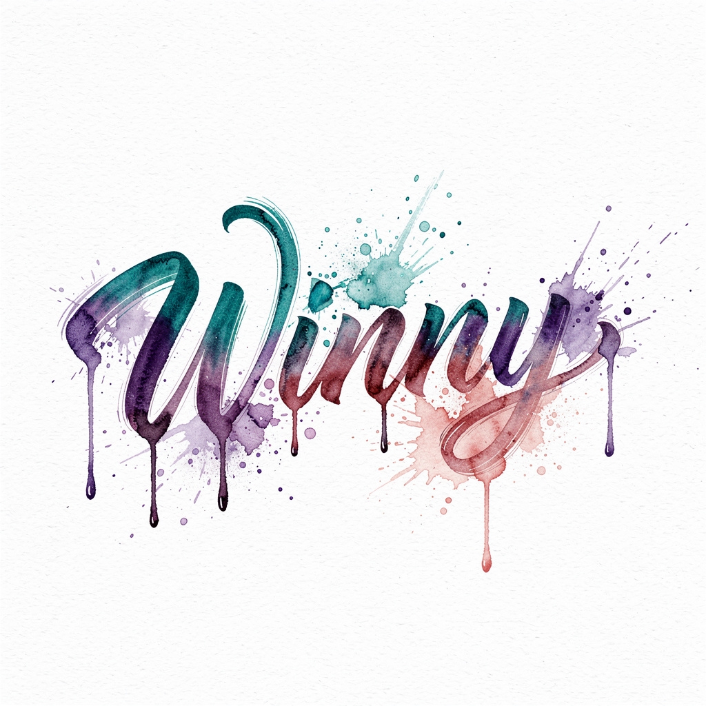 Watercolor tattoo design of the name Winny in flowing brushstroke lettering on a white background.