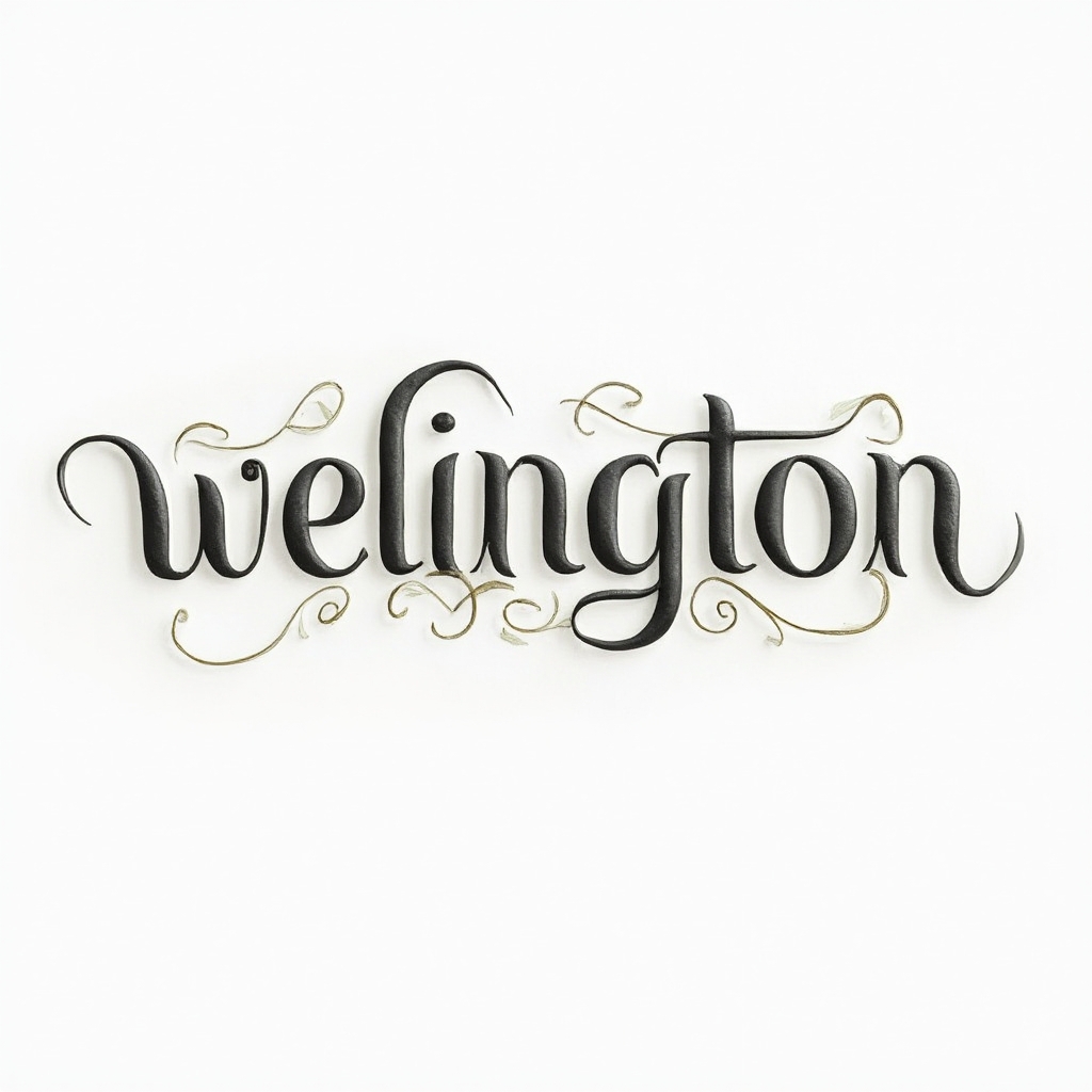Elegant dimensional script tattoo design of the name wellington on a white background.