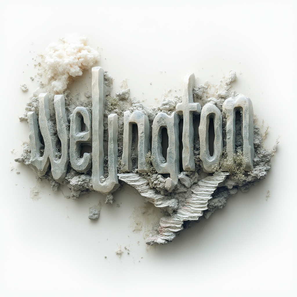 Surreal dreamscape lettering tattoo design of the name wellington on a white background.