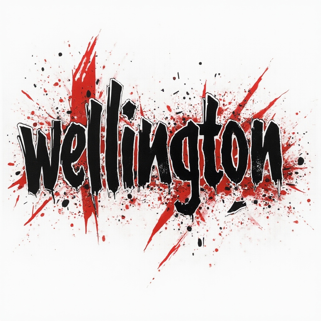 Bold Trash Polka style name tattoo design of wellington on a white background.
