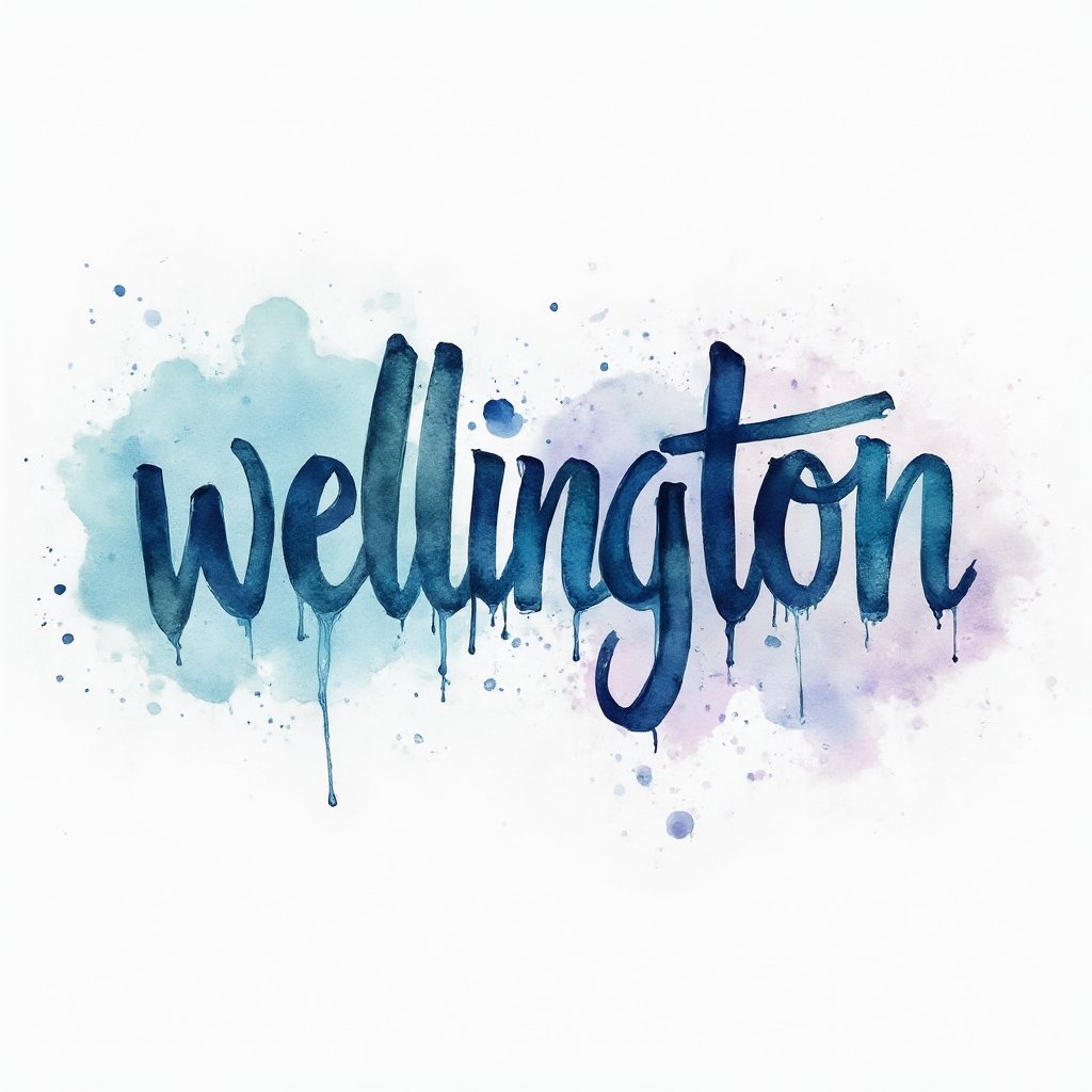 Watercolor ink splash tattoo concept of the name wellington on a white background.