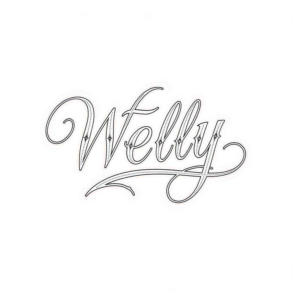 Fine-line glowing script tattoo design of the name Welly.
