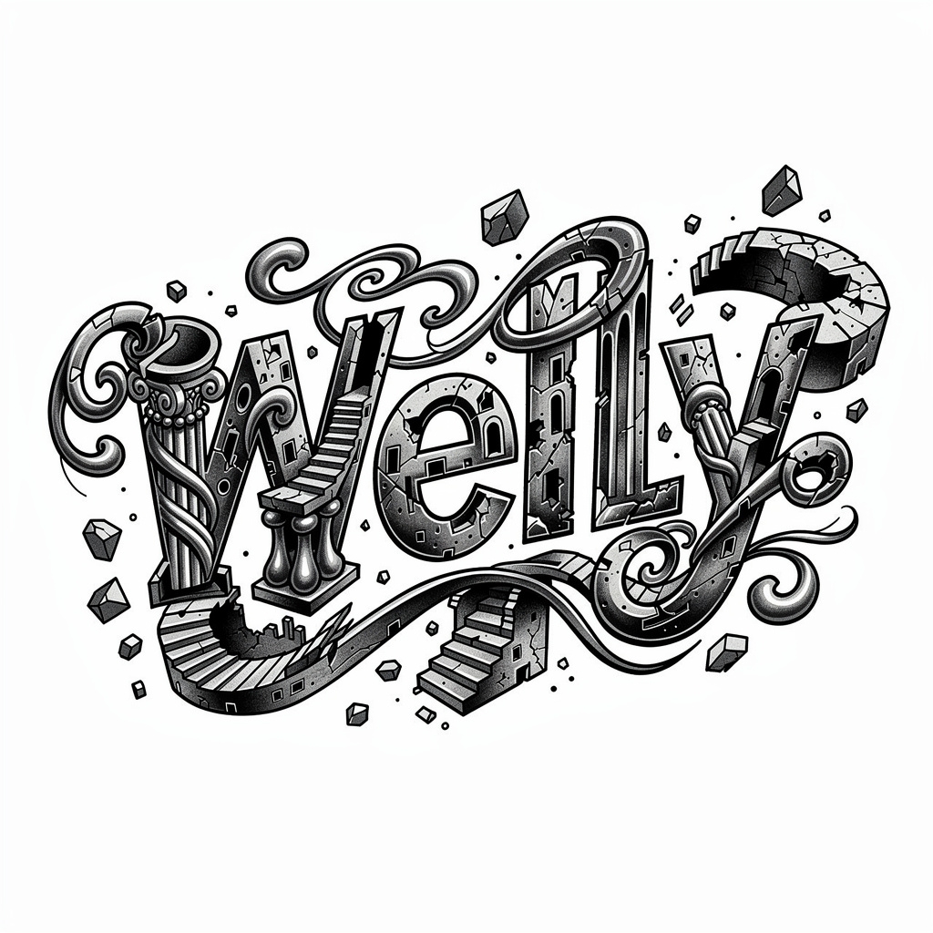 Surrealist black and grey tattoo design forming the name Welly.