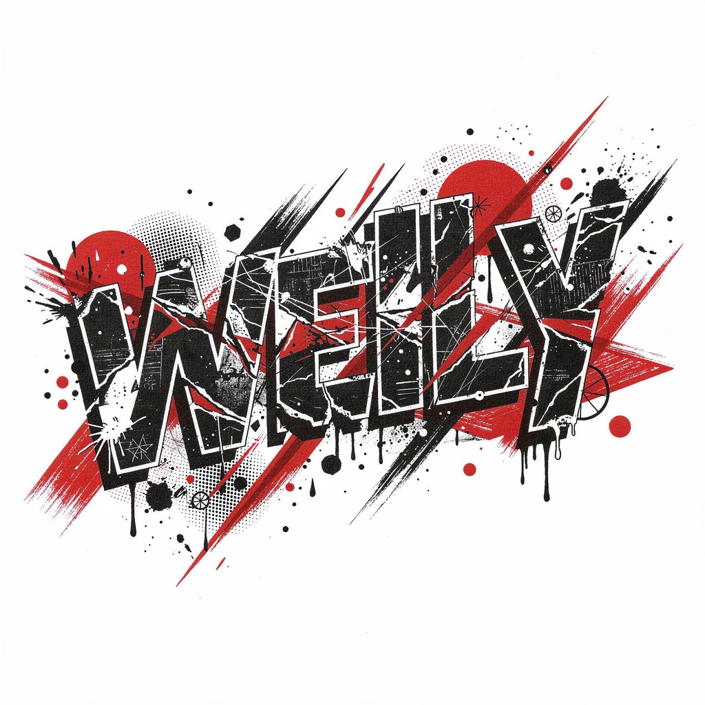 Trash Polka tattoo design spelling the name Welly with bold black and red elements.