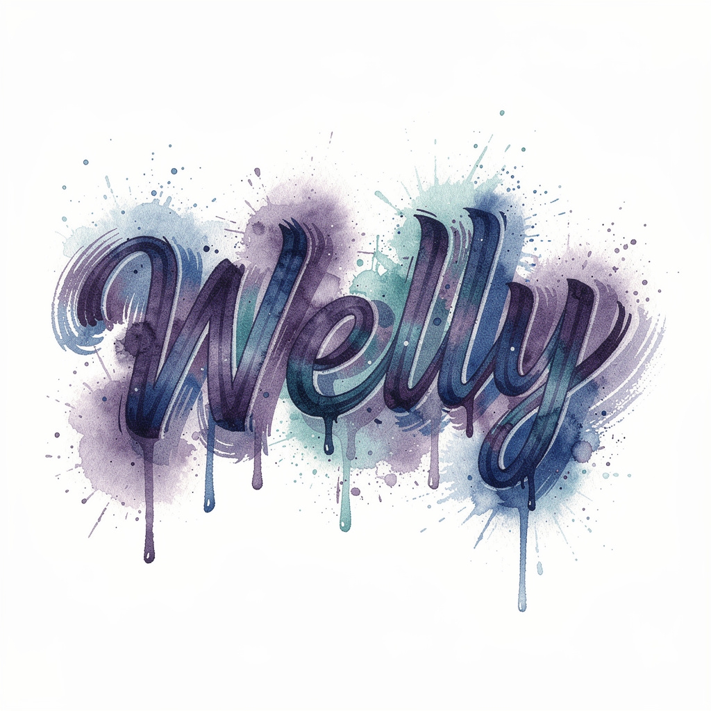 Watercolor tattoo design featuring the name Welly in fluid brush-style lettering.