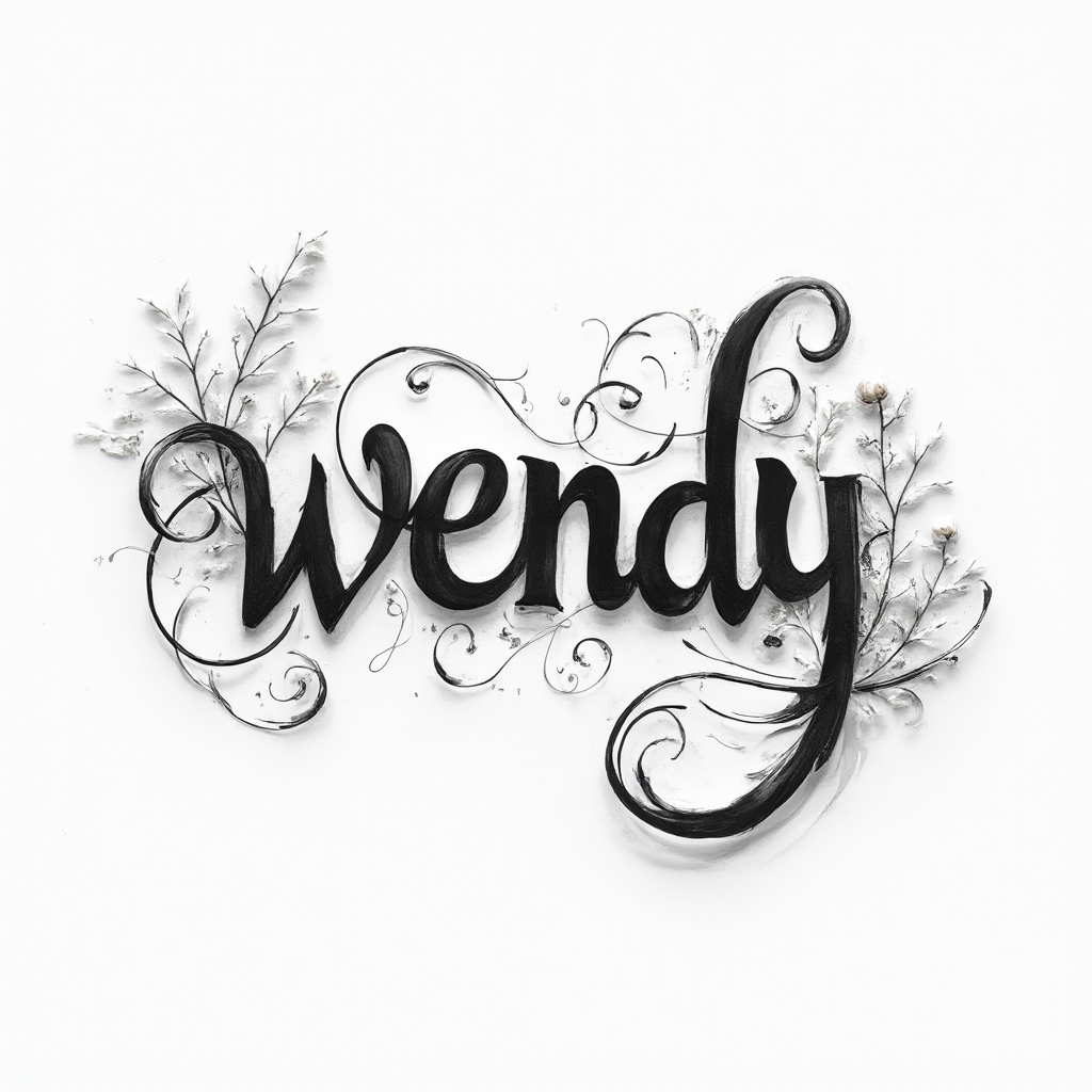 Monochrome ornamental tattoo concept where the name wendy appears as sculpted, flourished lettering on a white background.