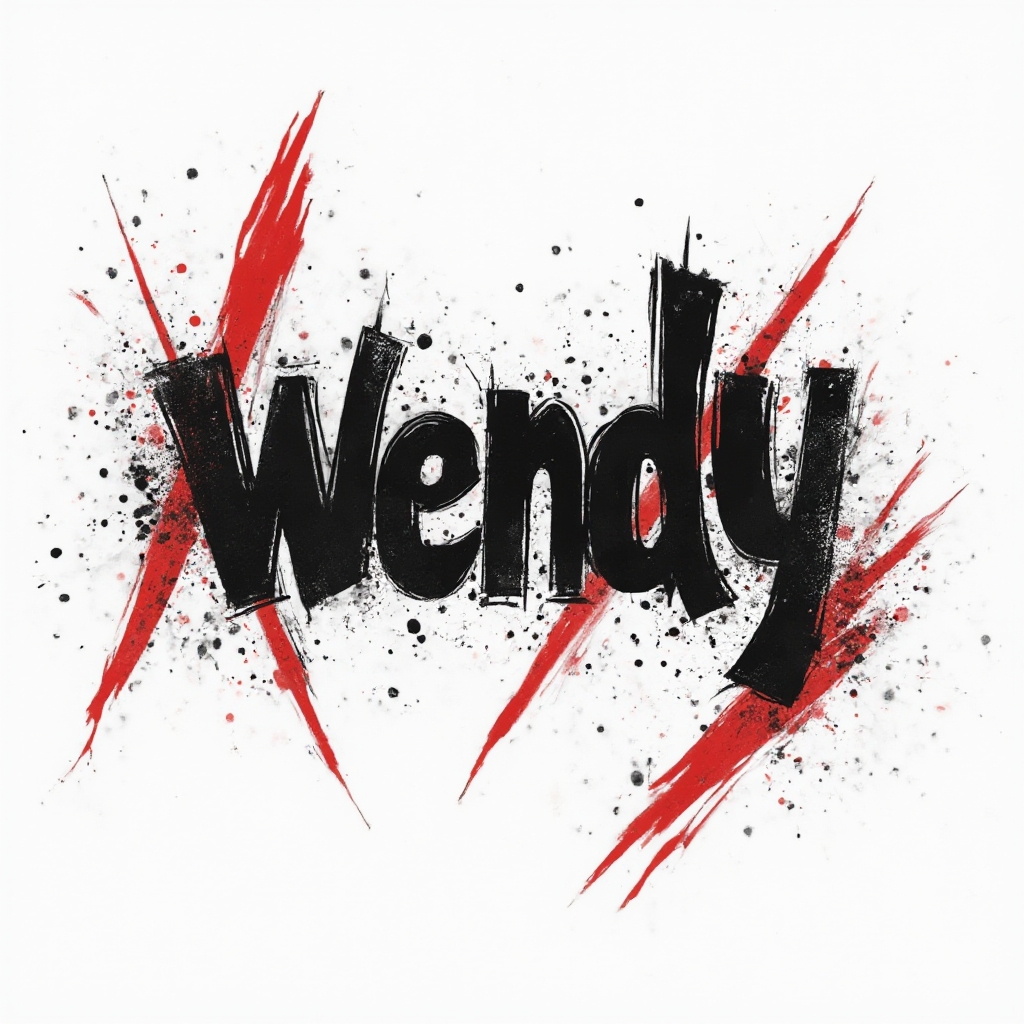 Trash Polka style tattoo design where the name wendy is built from bold black and red fragmented lettering on a white background.
