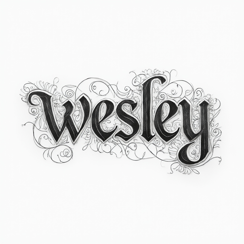 Abstract dimensional tattoo concept where the name wesley appears as ornate, interlocking letterforms on a white background.