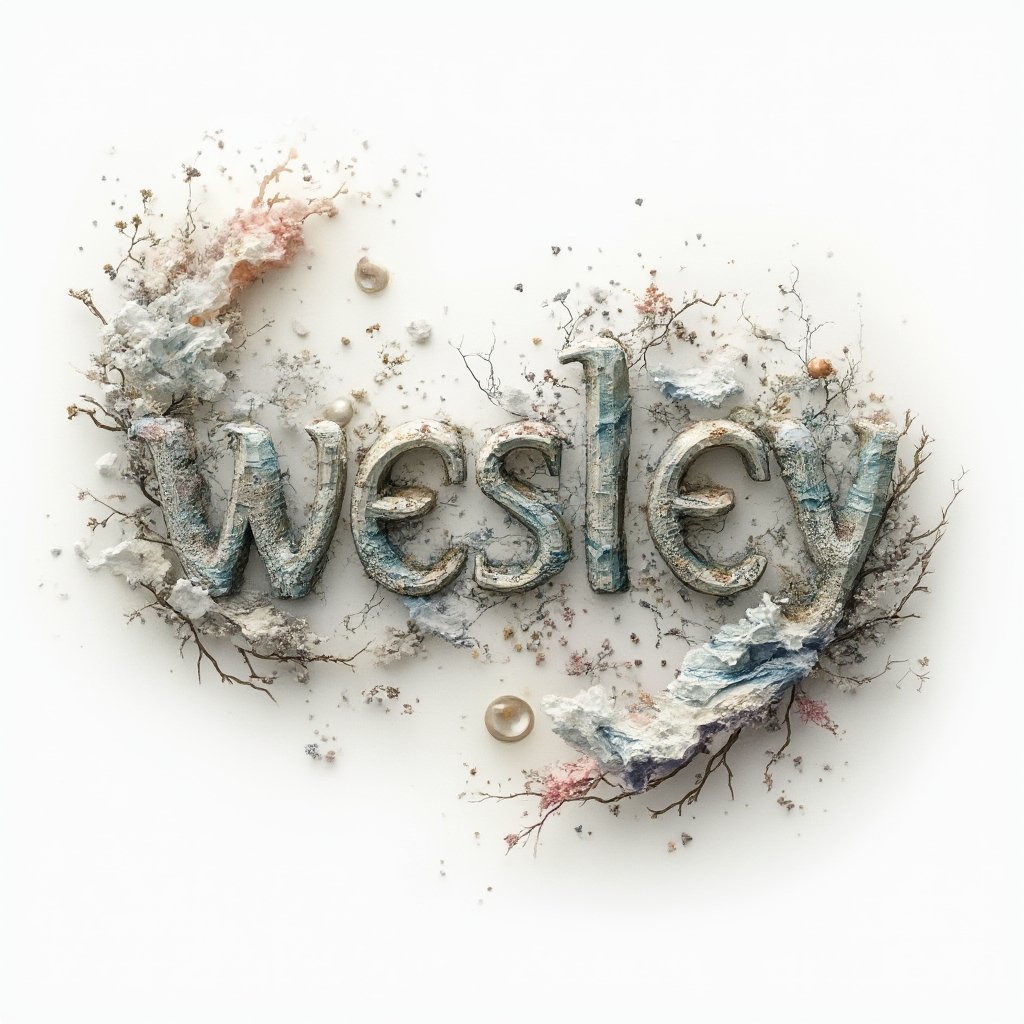 Surreal tattoo concept where the name wesley transforms into a dreamlike landscape of shapes and objects on a white background.