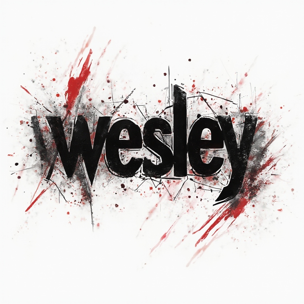 Trash Polka-inspired black and red tattoo concept where the name wesley is built from bold strokes and splashes on white.