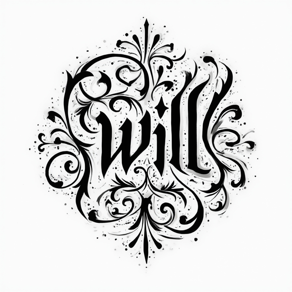 Abstract ornamental tattoo emblem where the name will is hidden within flowing black lines on a white background.