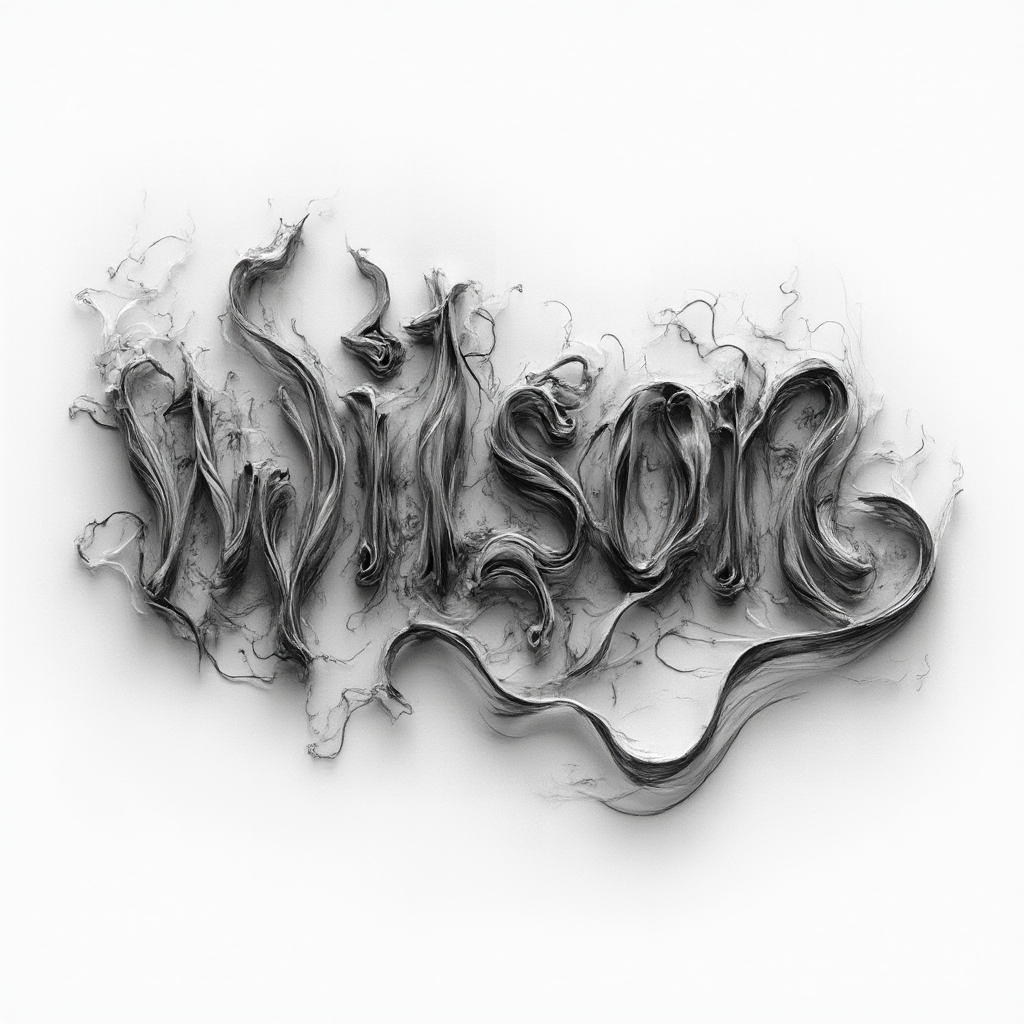 Monochrome dimensional ribbon tattoo concept where flowing 3D ink ribbons form the name wilson on a white background.