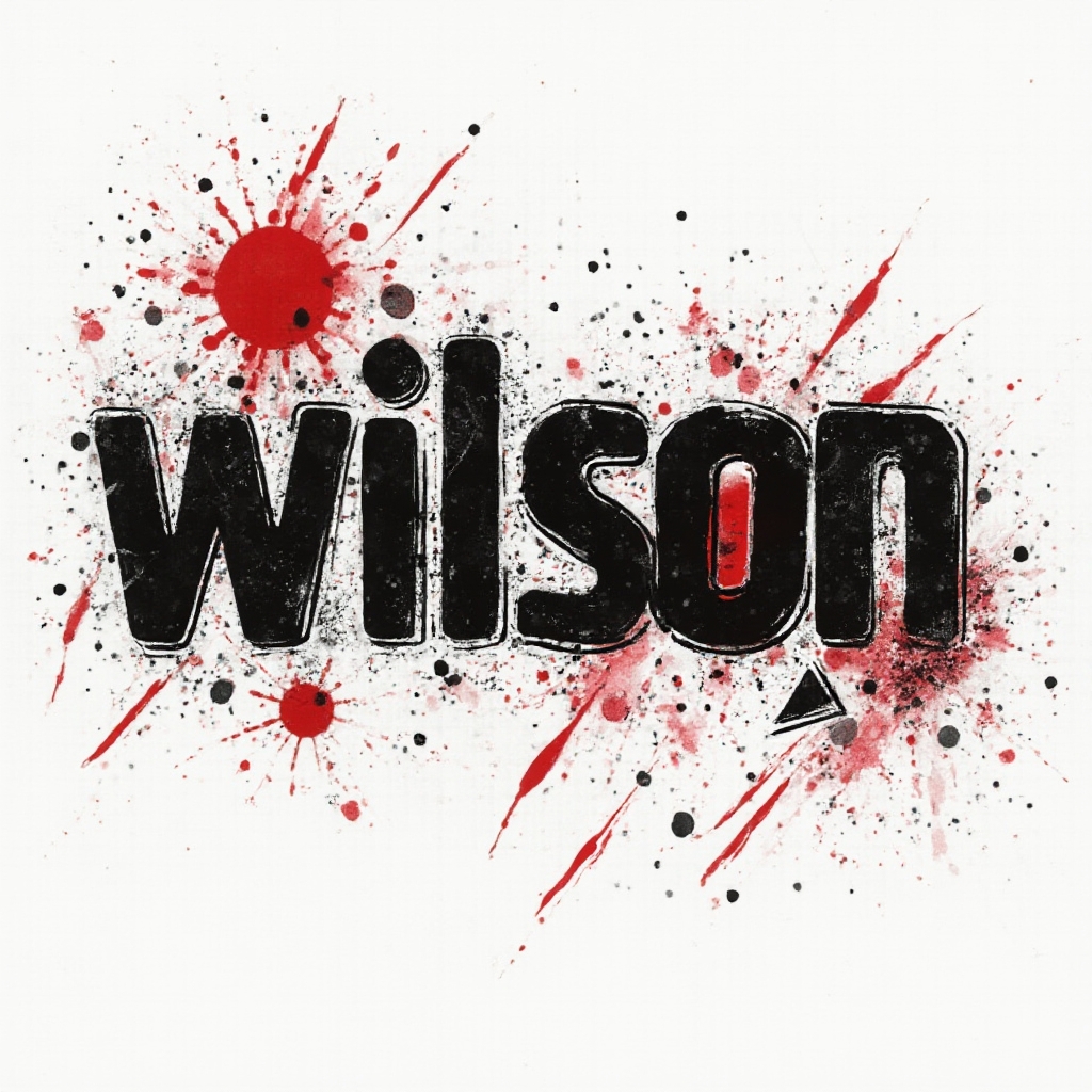 Trash Polka tattoo concept where bold black and red abstract shapes and textures form the name wilson on a white background.