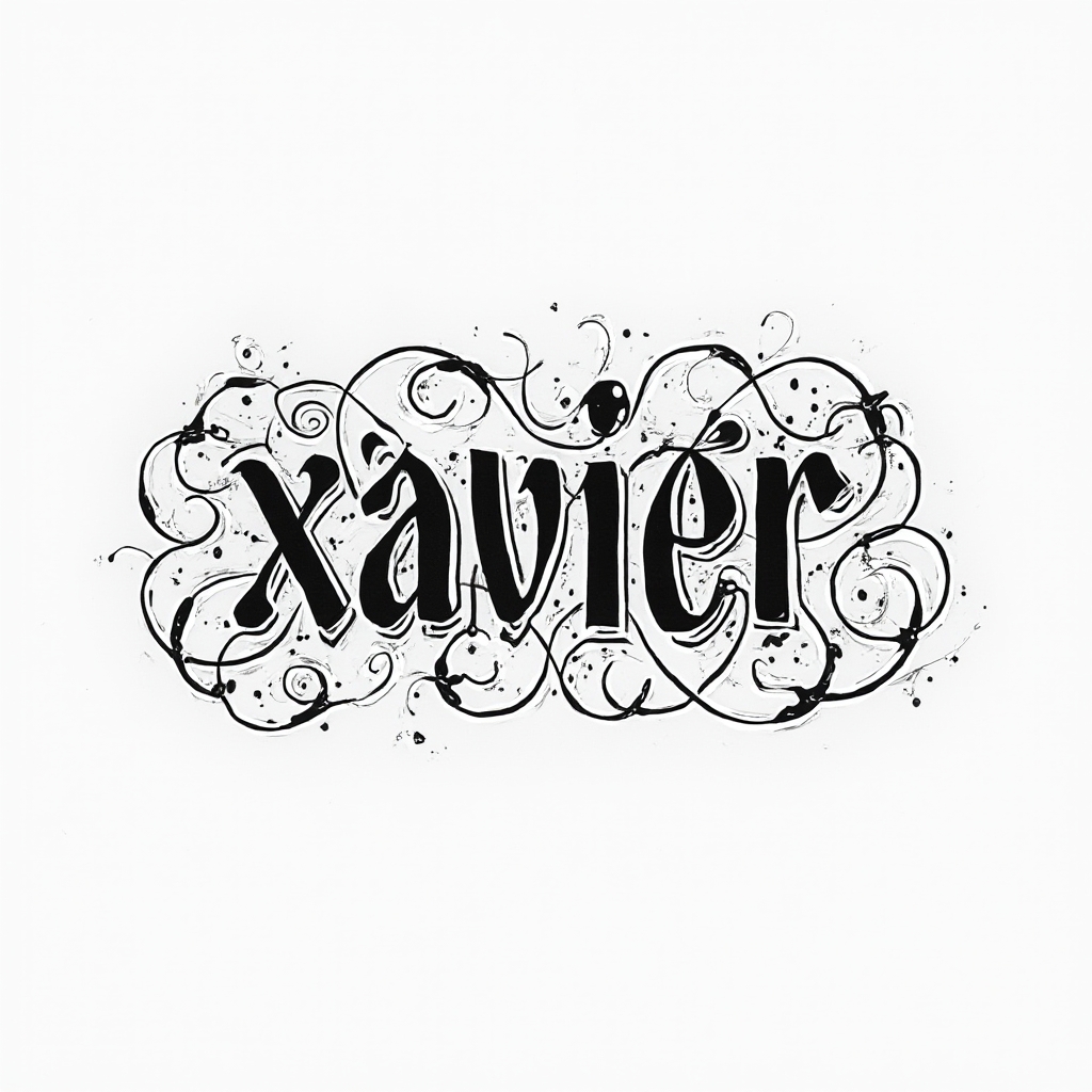 ornamental abstract black linework tattoo concept featuring the name xavier as an intertwined emblem on a white background