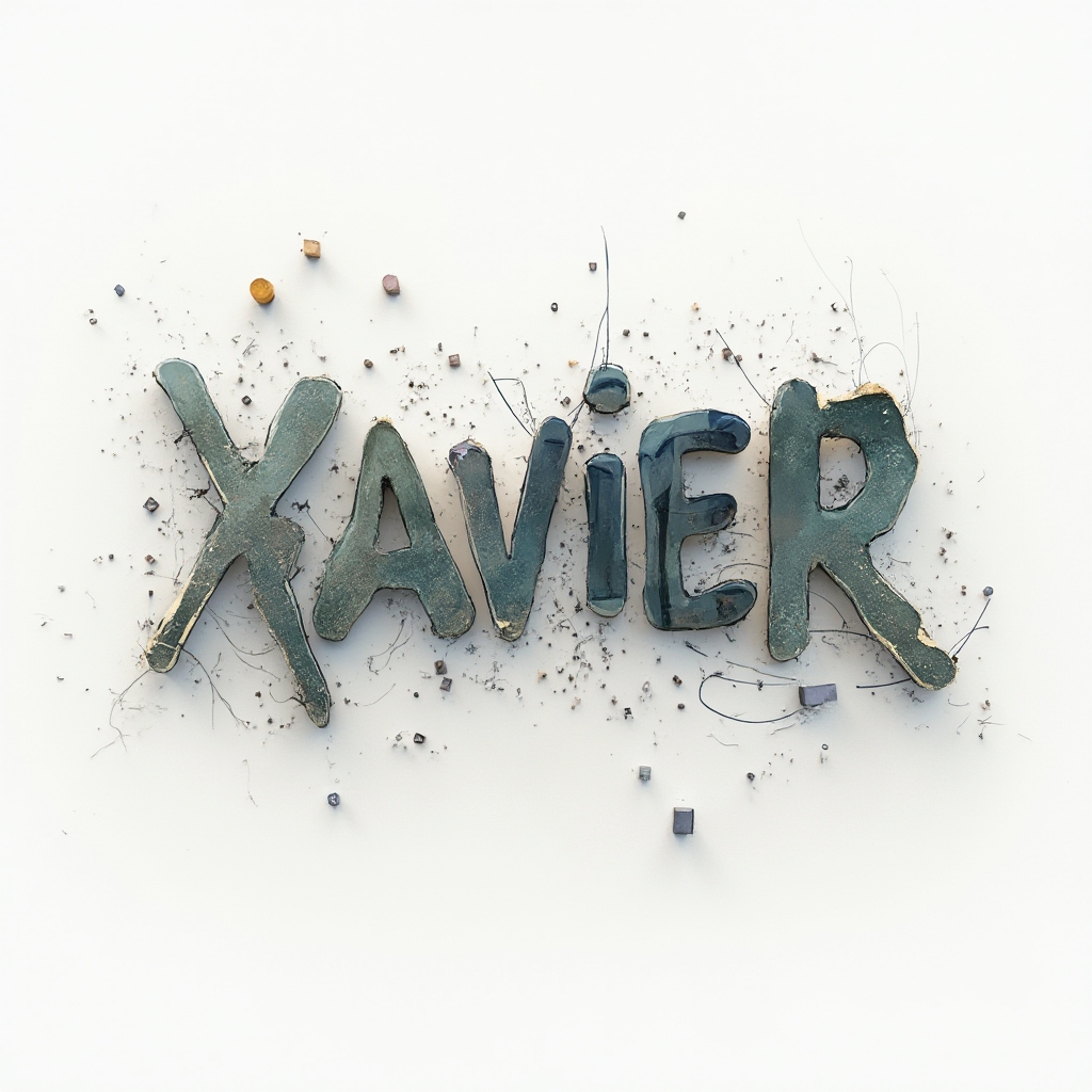 surreal abstract lettering tattoo concept with the name xavier twisting and melting on a white background