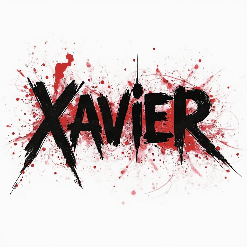 trash polka style graphic tattoo concept with the name xavier in bold black and red lettering on a white background