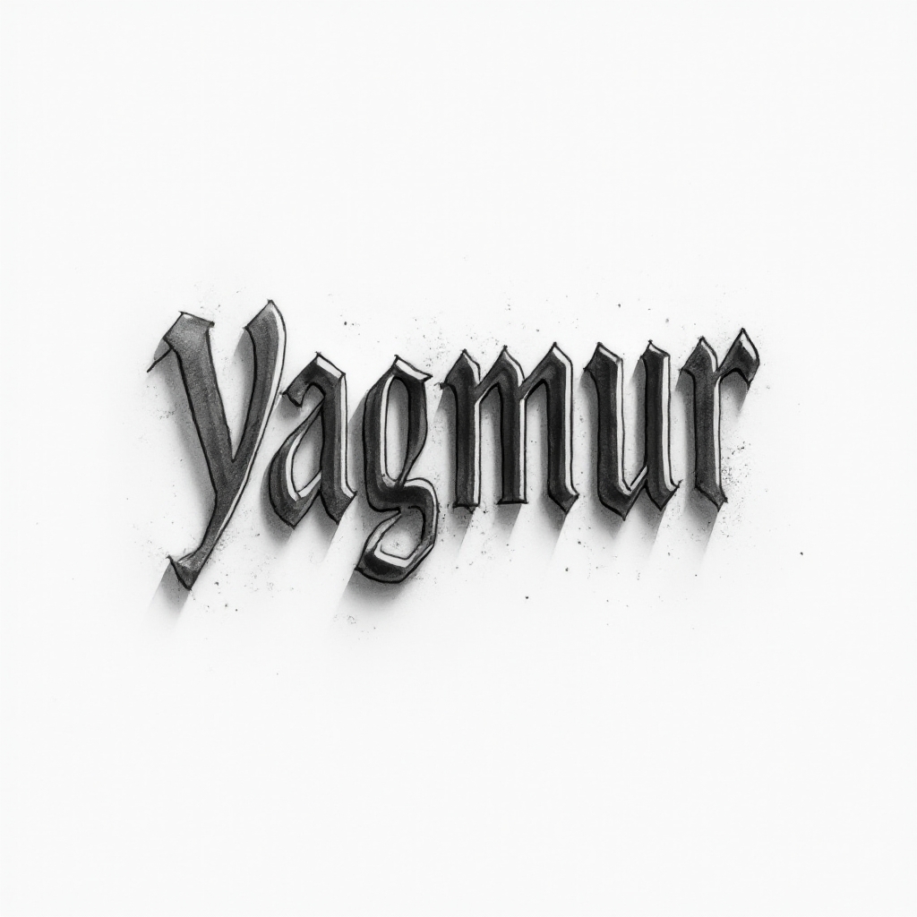 Minimalist dimensional tattoo concept of the name yagmur drawn with precise lines and soft shadows on white.