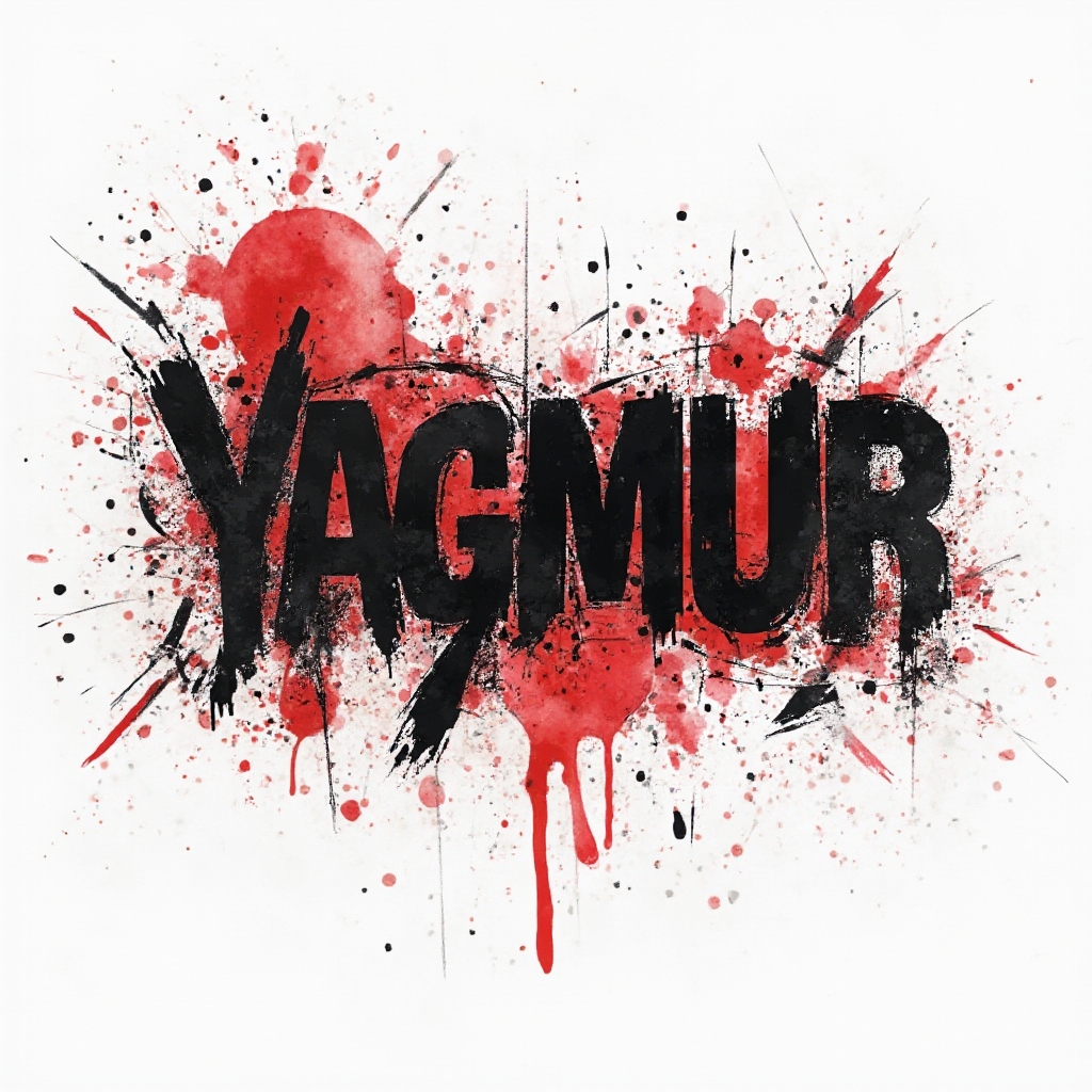 Trash Polka tattoo design of the name yagmur in bold black script with red splashes and geometric elements on white.