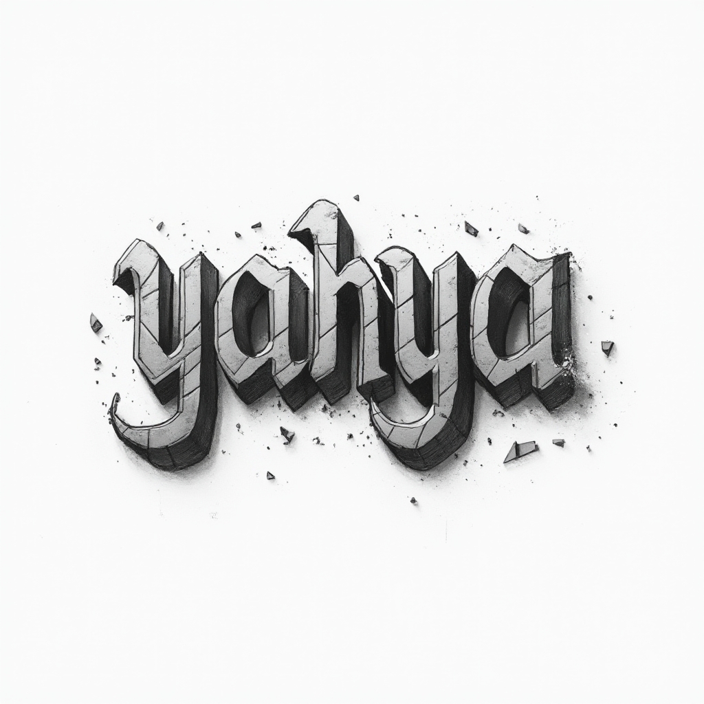 Monochrome dimensional tattoo concept where the name yahya is built from layered 3D letterforms on a white background.