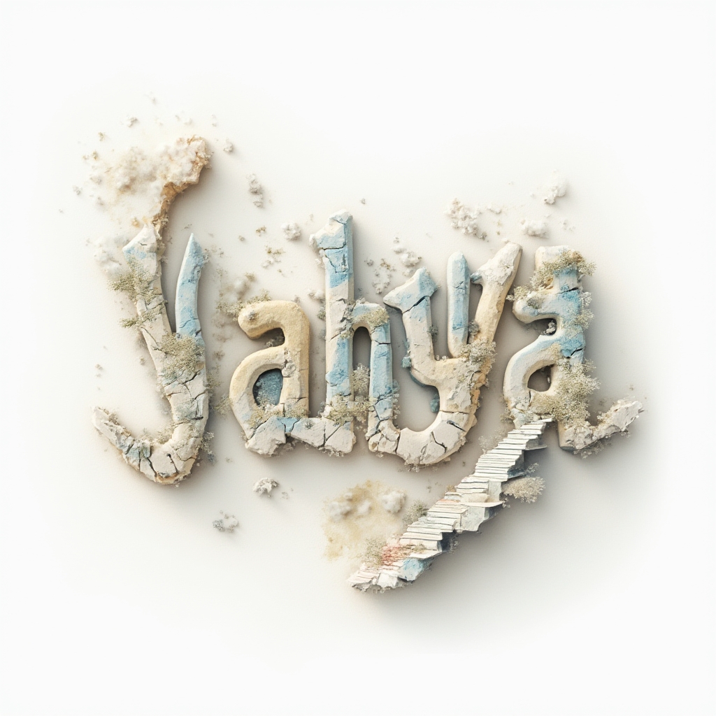 Surreal tattoo concept where the name yahya is built from floating staircases and dreamlike structures on a white background.