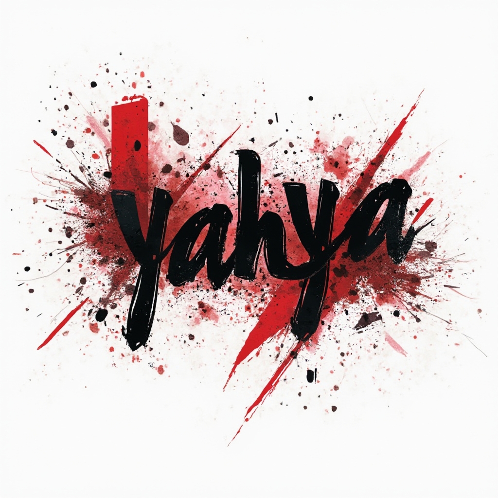 Trash Polka tattoo concept of the name yahya in bold black script with red geometric splashes on a white background.