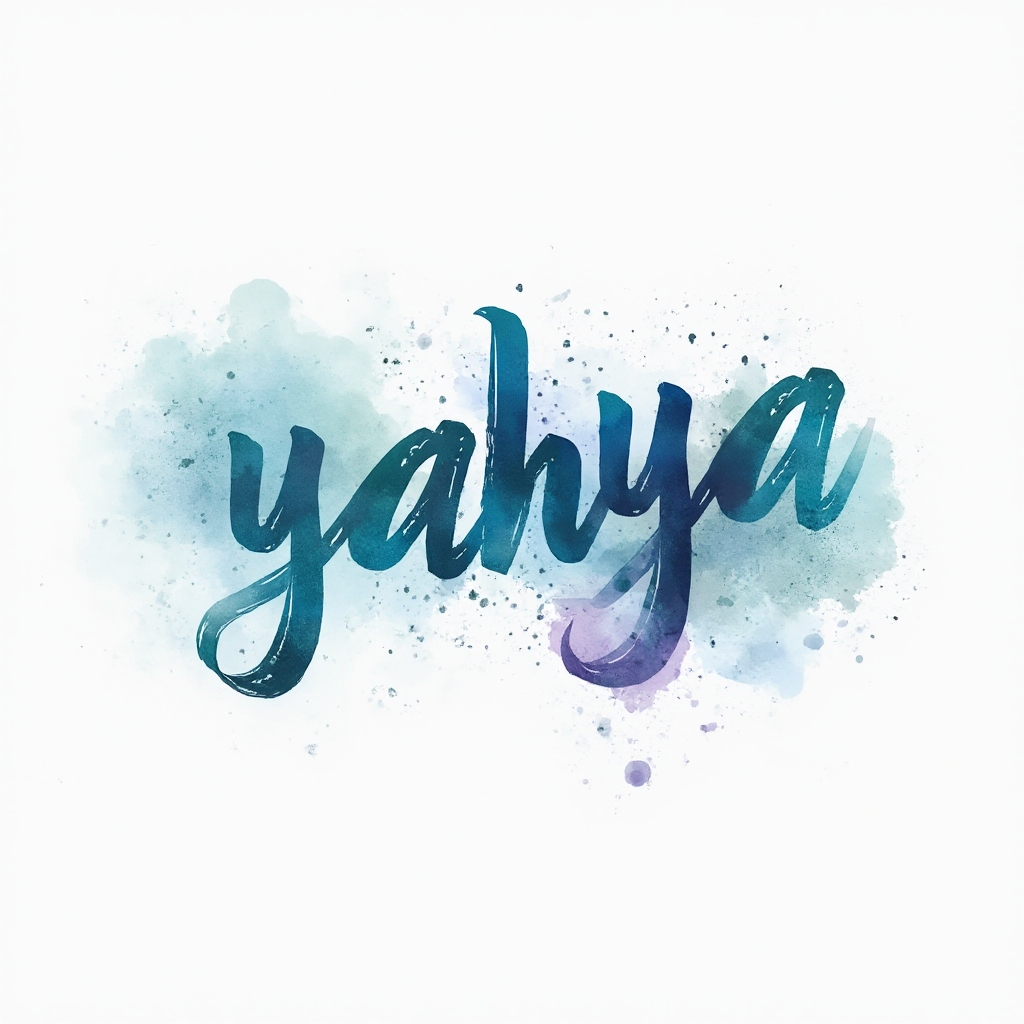 Watercolor tattoo concept where the name yahya is painted as colorful fluid calligraphy on a white background.