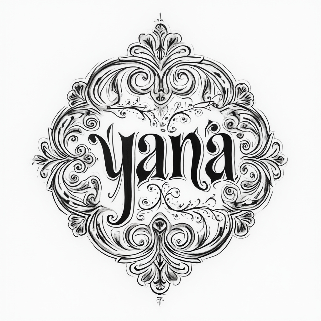 Ornamental tattoo design where the name yana is hidden inside intricate filigree lines on a white background.