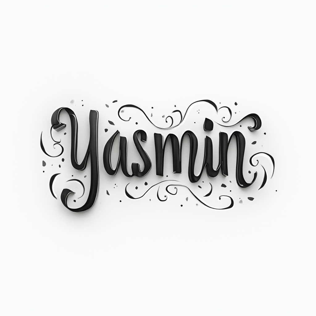 Dimensional flowing ribbon-like lettering of the name yasmin on a white background.