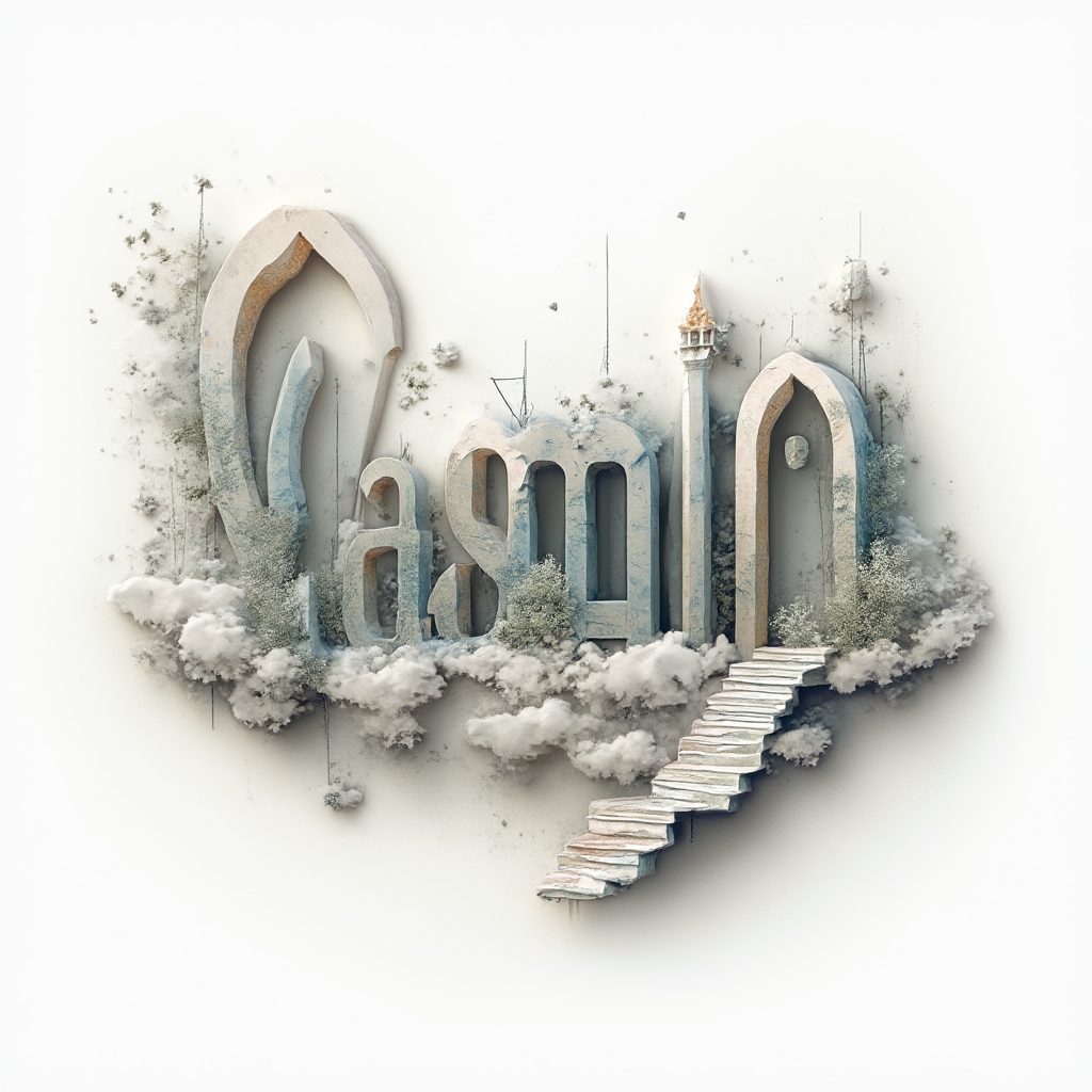 Surrealist dreamscape lettering of the name yasmin shaped as impossible structures on a white background.