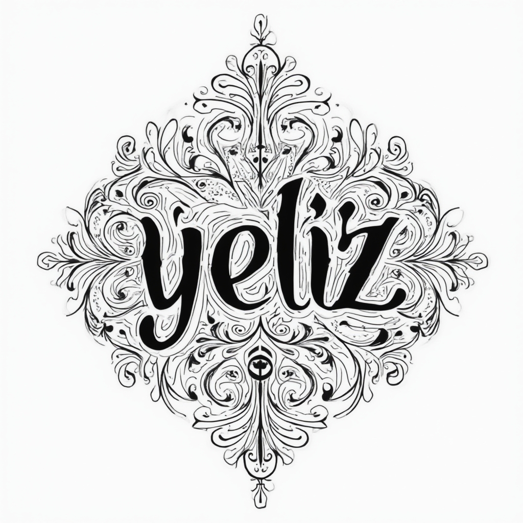 Ornamental tattoo concept where the name yeliz is formed by intricate swirling filigree lines on a white background.