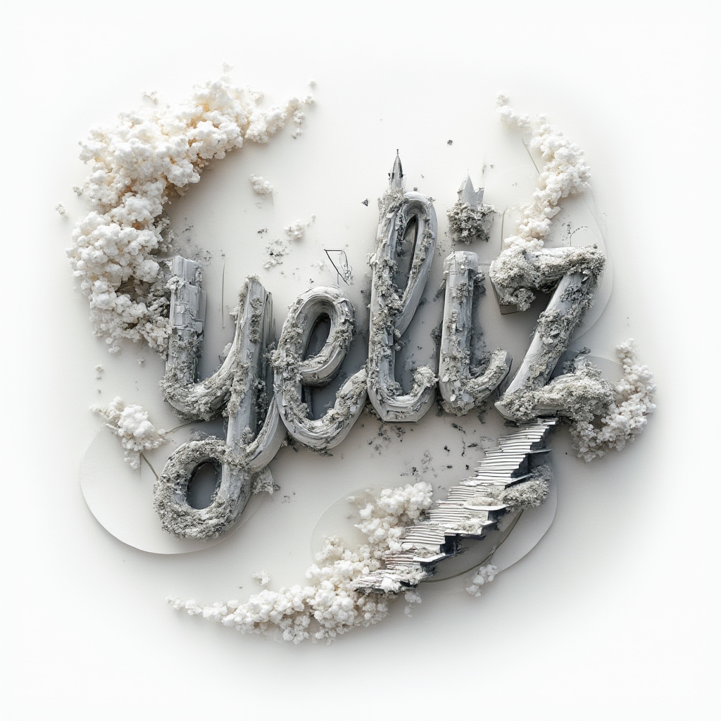 Surreal tattoo concept where the name yeliz is formed from floating impossible shapes, chrome, and sky fragments on white background.